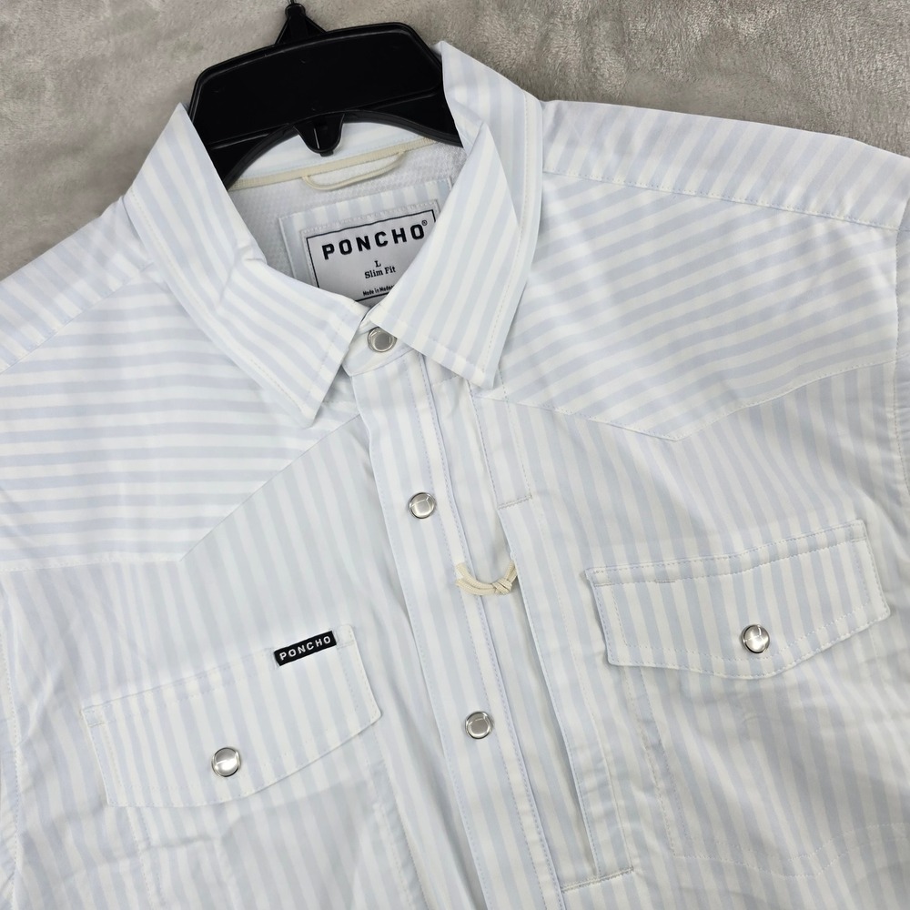 NEW Poncho Western Shirt Mens Large  Slim GET IN LINE Blue White Striped